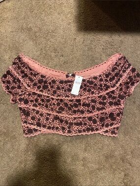 Anthropologie Pink and Brown Floral Lace Off-Shoulder Crop Top